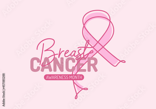 Continuous one line art background of National Breast Cancer Awareness month with pink ribbon isolated on pink background.