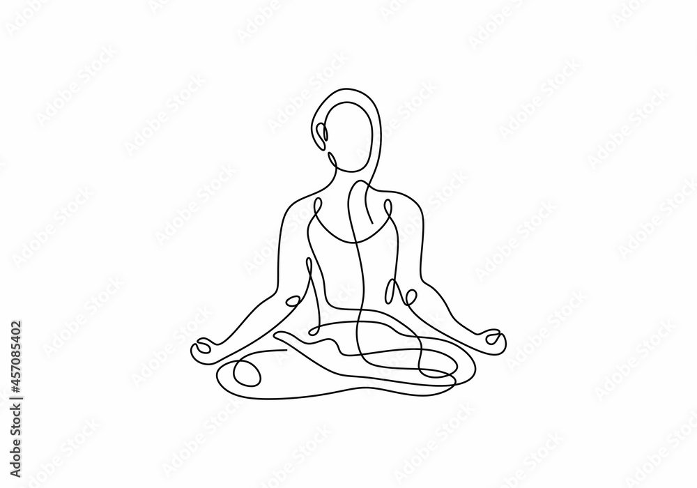 Continuous one line drawing of Woman sitting cross legged meditating. One line drawing of women fitness yoga healthy concept Continuous one line drawing of Woman sitting cross legged meditating. One line drawing of women fitness yoga healthy concept