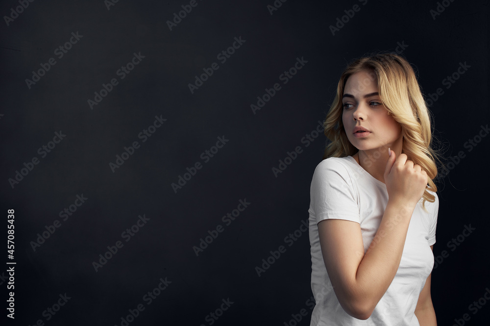 blonde White T-shirt fashion Lifestyle dark background blonde White T-shirt fashion Lifestyle dark background