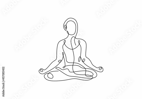 Continuous one line drawing of Woman sitting cross legged meditating. One line drawing of women fitness yoga healthy concept