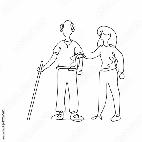 One continuous line art of woman help blind man walk on the street with his stick isolated on white background.