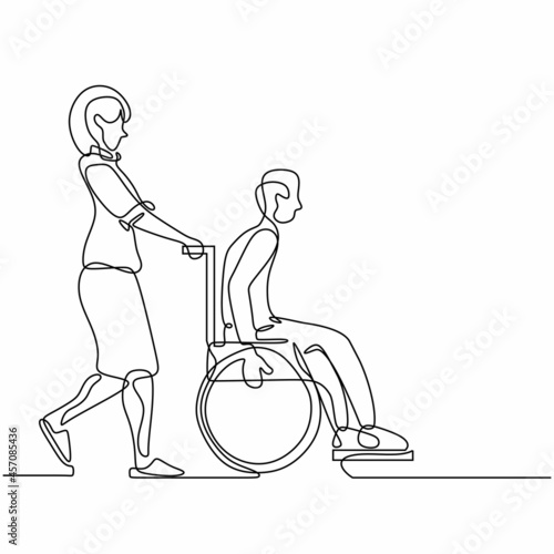 Continuous one line drawing of nurse or volunteer pushing wheelchair with disabled old man. Helping elderly and sick people. Humanity concept minimalist style.