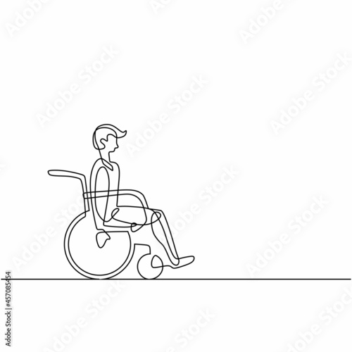 Continuous one line drawing of disable man on wheelchair enjoy with moving. Single hand drawn art line happy man in wheelchair.