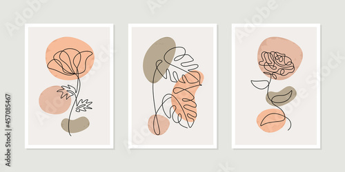 Continuous one line of modern abstract leaves, flower and rose arts background with different shapes for wall decoration, postcard or brochure cover design. One line continuous of plant poster set.