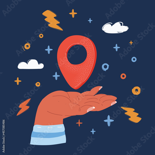 Vector illustration of Map pointer on human hand over dark backround.