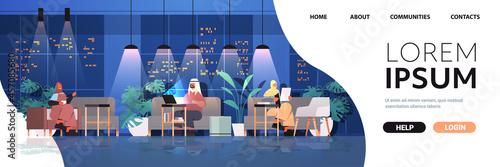 arab businesspeople working in creative open space arabic business people team in night dark office horizontal full length copy space vector illustration