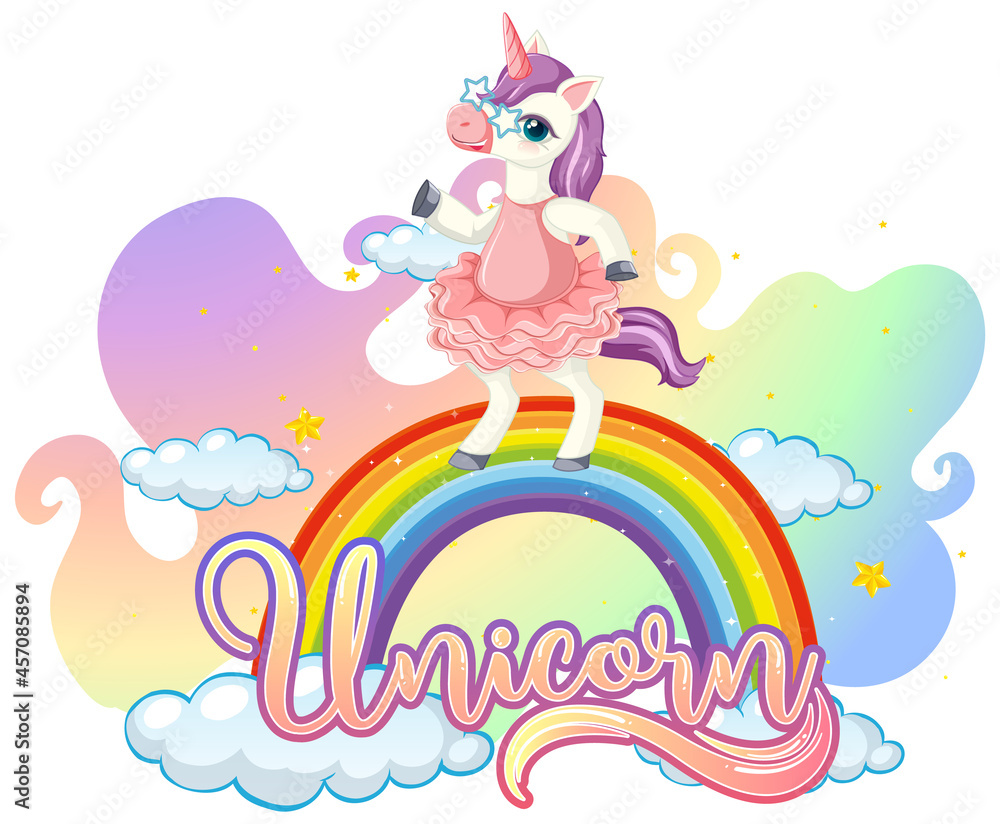 Cartoon character of unicorn standing on rainbow with unicorn font