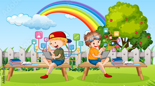 Kids leaning online with tablet in the park