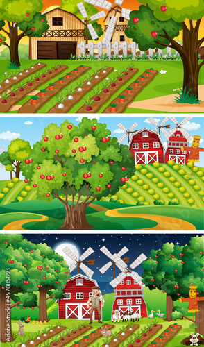 Different farm scenes with old farmer and animal cartoon character