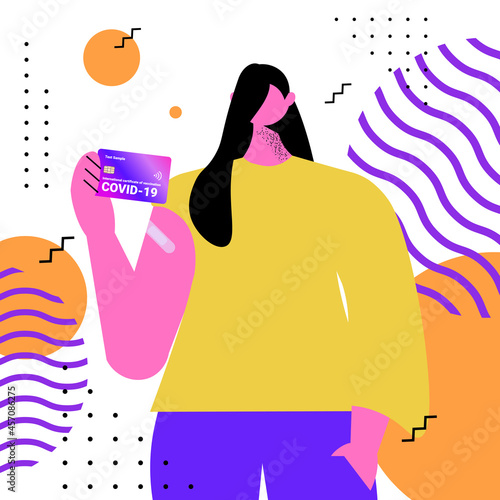 woman holding plastic international certificate of vaccination global immunity passport risk free covid-19