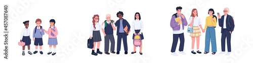 Set of happy pupils and students of elementary, middle and high school. Portraits of classmates. Children with backpacks. Flat vector illustration of schoolboys and schoolgirls isolated on white