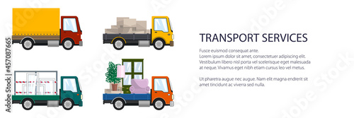Colorful small trucks with different loads , empty and covered trucks, lorries with furniture and windows, delivery services banner, transport services and logistics, vector illustration