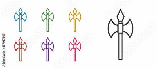 Set line Medieval axe icon isolated on white background. Battle axe, executioner axe. Medieval weapon. Set icons colorful. Vector