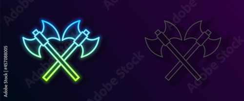 Glowing neon line Crossed medieval axes icon isolated on black background. Battle axe, executioner axe. Medieval weapon. Vector
