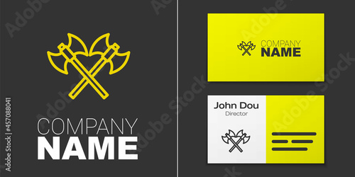 Logotype line Crossed medieval axes icon isolated on grey background. Battle axe, executioner axe. Medieval weapon. Logo design template element. Vector