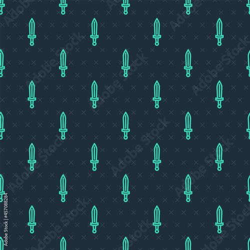 Green line Medieval sword icon isolated seamless pattern on blue background. Medieval weapon. Vector