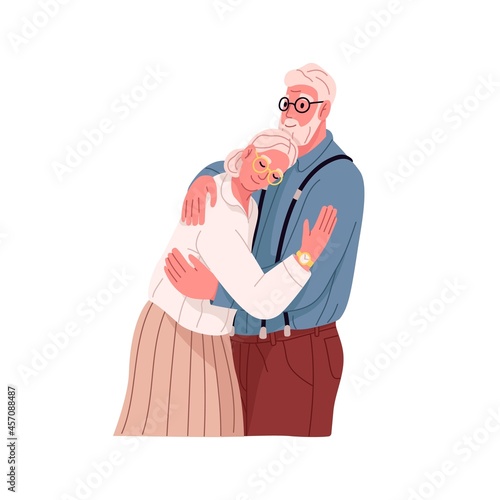 Senior love couple of man and woman. Happy elderly husband and wife hugging together. Old romantic partners embracing. Flat vector illustration of two aged lovers isolated on white background