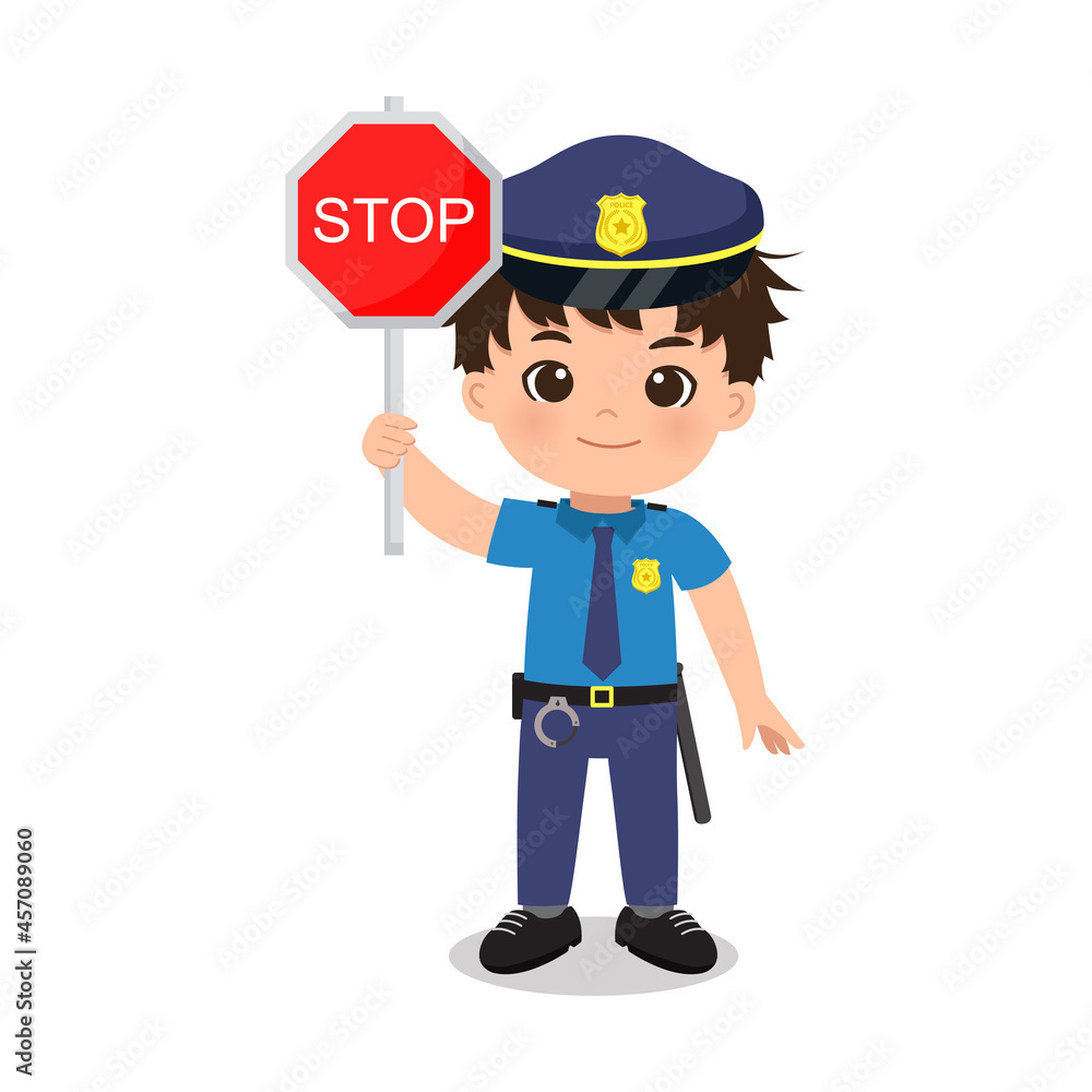 Cute police man with stop sign. Flat vector cartoon design