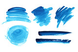 Collection of blue watercolor brush strokes isolated on a white background. Expressive ink stains.