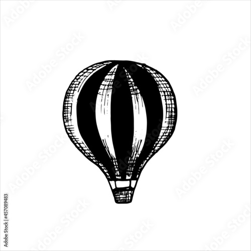 striped hot air balloon - black vector vintage illustration