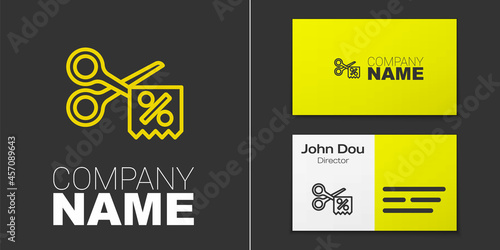 Logotype line Scissors cuts discount coupon icon isolated on grey background. The concept of selling in an online supermarket at low prices or half the cost. Logo design template element. Vector