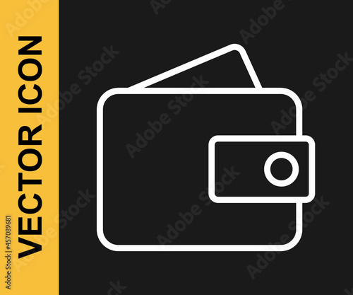 White line Wallet icon isolated on black background. Purse icon. Cash savings symbol. Vector