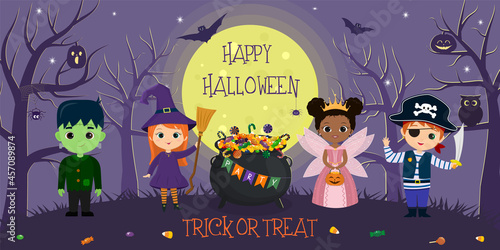 Happy Halloween. Halloween kids characters in different costumes on the background of the full moon and trees at night. Cartoon, vector.