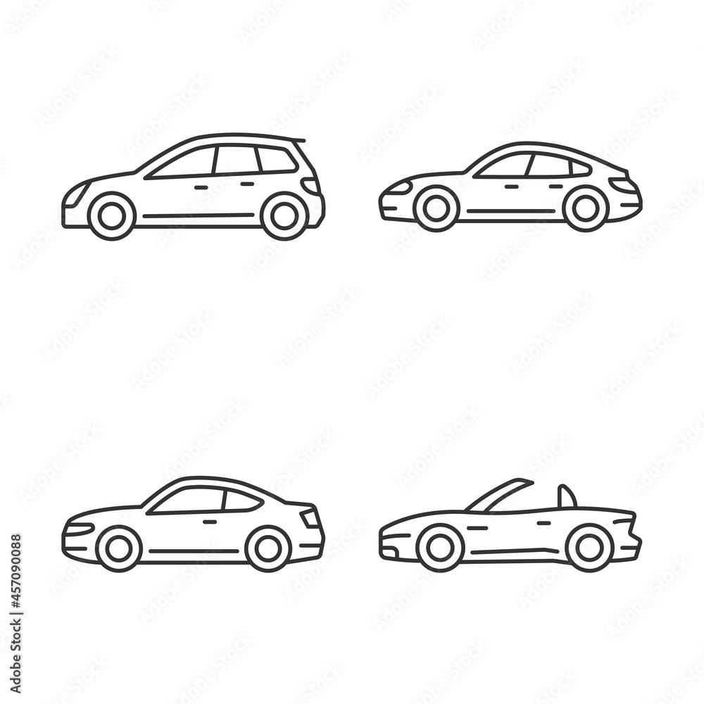 Practical sports cars linear icons set. Hatchback model. Sports sedan. Coupe automobile. Cabriolet. Customizable thin line contour symbols. Isolated vector outline illustrations. Editable stroke