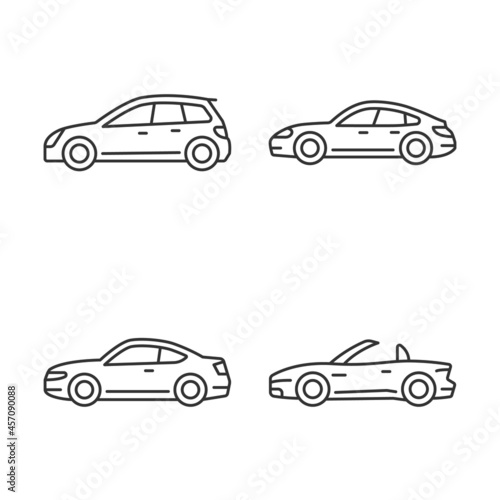 Practical sports cars linear icons set. Hatchback model. Sports sedan. Coupe automobile. Cabriolet. Customizable thin line contour symbols. Isolated vector outline illustrations. Editable stroke