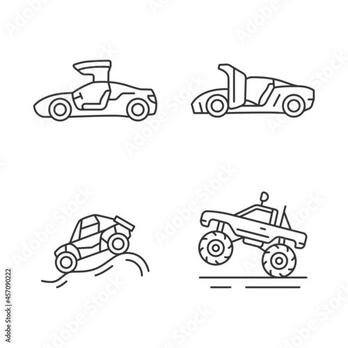 Driving specially-modified vehicles linear icons set. Hinge mechanism. Off road racing. Monster truck. Customizable thin line contour symbols. Isolated vector outline illustrations. Editable stroke