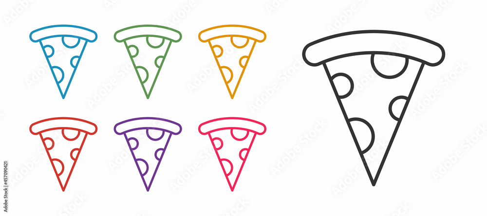 Set line Slice of pizza icon isolated on white background. Fast food menu. Set icons colorful. Vector