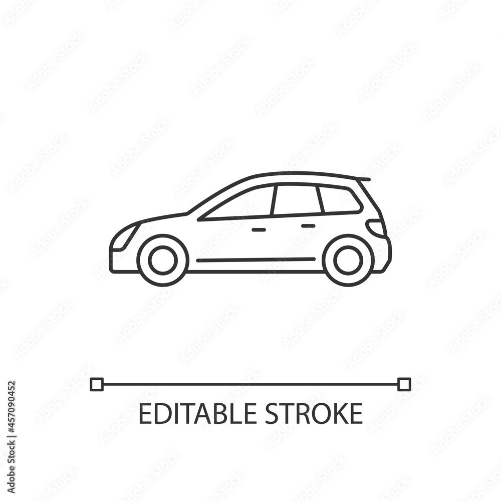 Hatchback linear icon. Cheap sports car. Auto with two-box design. Access to cargo area. Thin line customizable illustration. Contour symbol. Vector isolated outline drawing. Editable stroke Hatchback linear icon. Cheap sports car. Auto with two-box design. Access to cargo area. Thin line customizable illustration. Contour symbol. Vector isolated outline drawing. Editable stroke