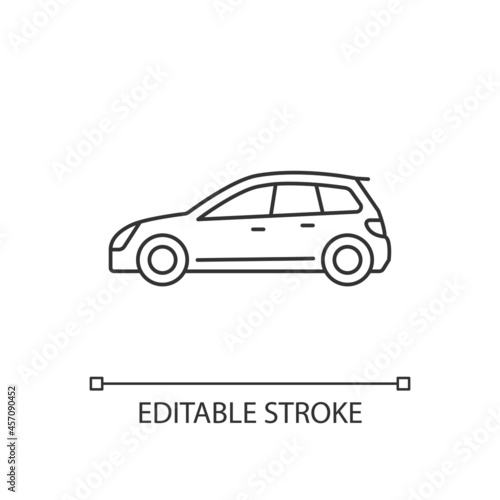 Hatchback linear icon. Cheap sports car. Auto with two-box design. Access to cargo area. Thin line customizable illustration. Contour symbol. Vector isolated outline drawing. Editable stroke