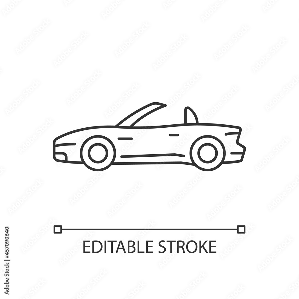 Fototapeta premium Convertible car linear icon. Cabriolet with retractable roof. Open top car driving experience. Thin line customizable illustration. Contour symbol. Vector isolated outline drawing. Editable stroke
