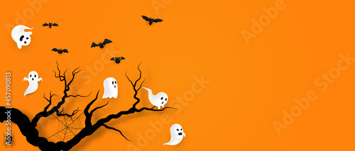 Halloween Paper art Party poster. Set pumpkins of Collection Scary and funny Carnival Background concept design