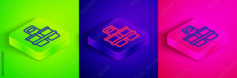 Isometric line Coffee cup to go icon isolated on green, blue and pink background. Square button. Vector Isometric line Coffee cup to go icon isolated on green, blue and pink background. Square button. Vector