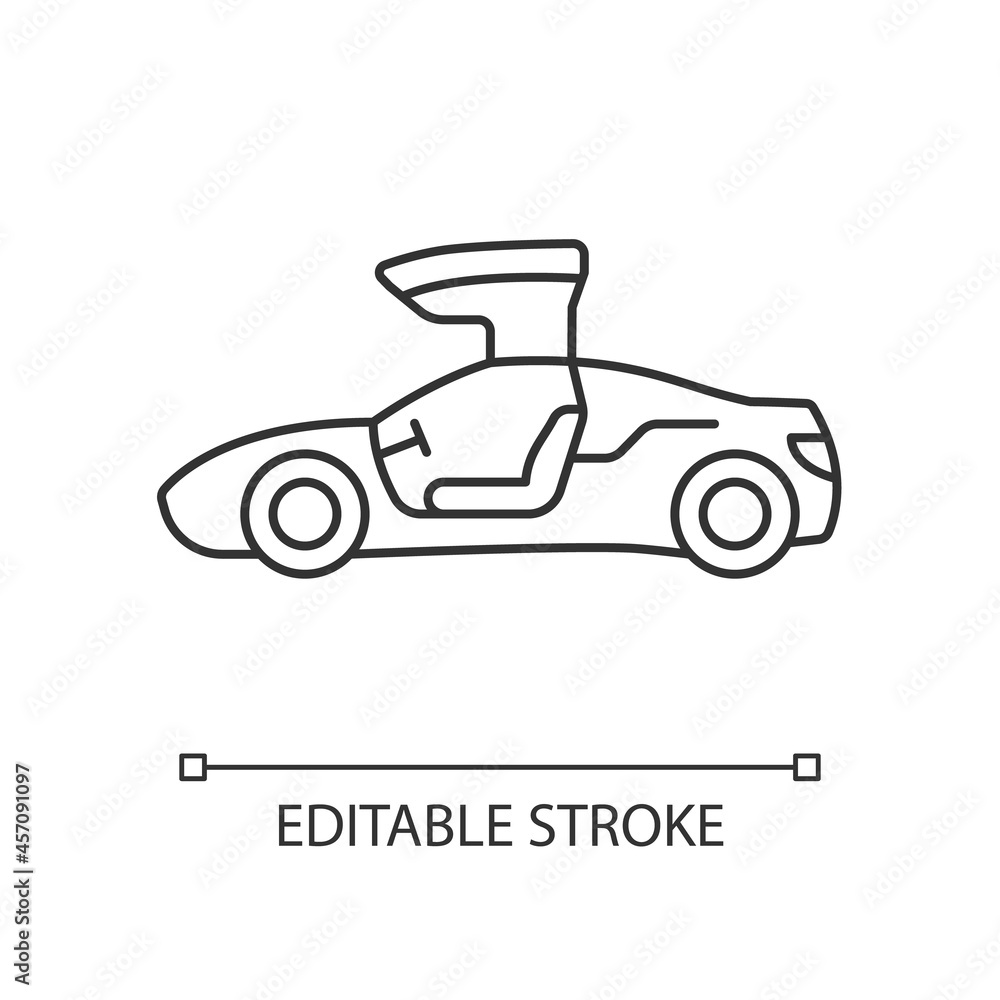 Car with synchro helix doors linear icon. Innovative solution for sports vehicle. Hinge mechanism. Thin line customizable illustration. Contour symbol. Vector isolated outline drawing. Editable stroke Car with synchro helix doors linear icon. Innovative solution for sports vehicle. Hinge mechanism. Thin line customizable illustration. Contour symbol. Vector isolated outline drawing. Editable stroke