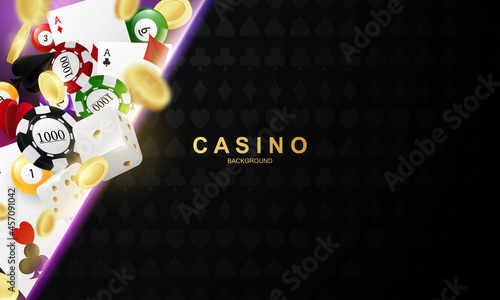 casino Online. Smartphone or mobile phone, slot machine, casino chips flying realistic tokens for gambling, cash for roulette or poker,