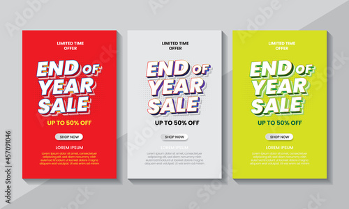 End of year sale poster for promotion with colorful background, up to 50% off