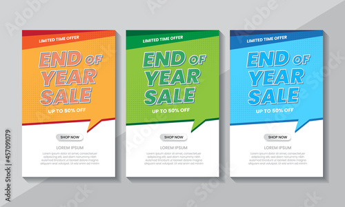 End of year sale poster for promotion with colorful background, up to 50% off