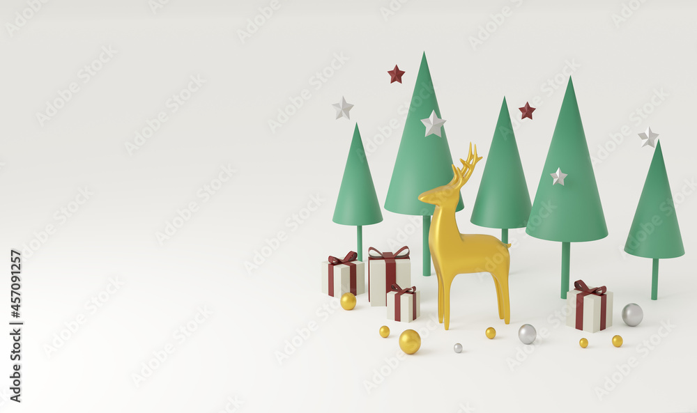 Abstract minimal christmas background with golden deer, tree and gifts. 3D rendering