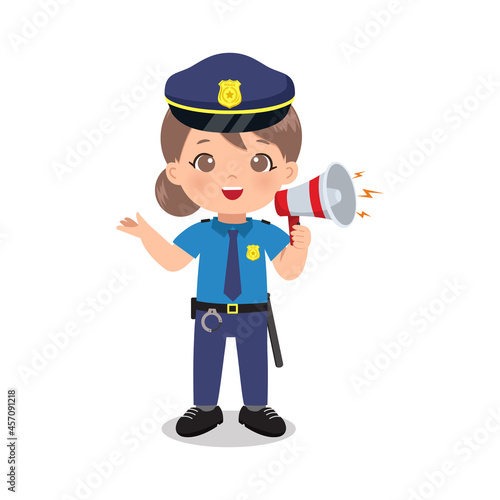 Cute police woman speak with megaphone. Flat vector cartoon design