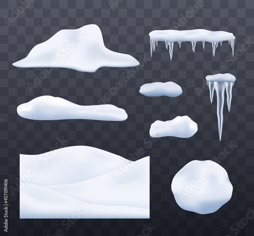 Snow and ice vector elements isolated. Snowball, icicles, snow pile, and snowy landscape.