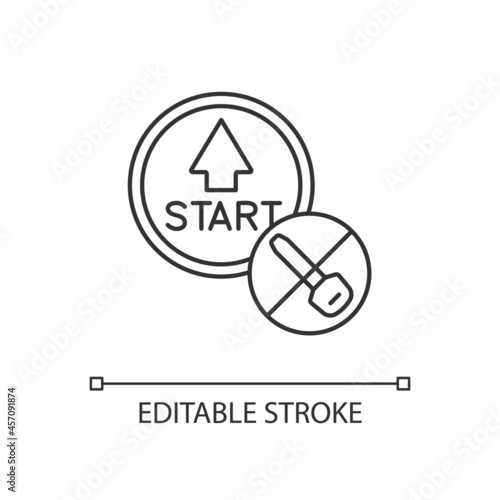 Push button start linear icon. Keyless ignition technology. Vehicle with remote starter. Thin line customizable illustration. Contour symbol. Vector isolated outline drawing. Editable stroke