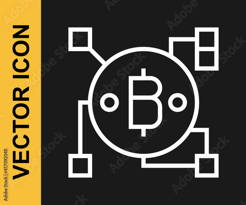 White line Blockchain technology Bitcoin icon isolated on black background. Abstract geometric block chain network technology business. Vector