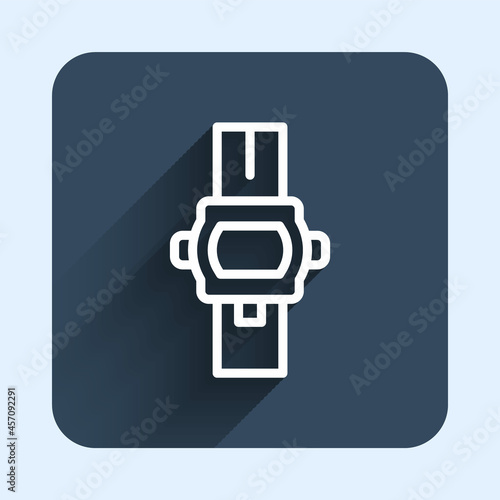 White line Wrist watch icon isolated with long shadow background. Wristwatch icon. Blue square button. Vector