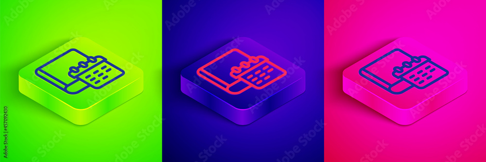 Isometric line Daily paper notepad icon isolated on green, blue and pink background. Square button. Vector Isometric line Daily paper notepad icon isolated on green, blue and pink background. Square button. Vector