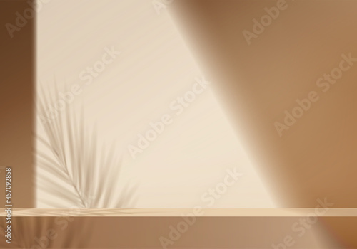 Fotografia 3d background products display podium scene with palm leaf and light sun