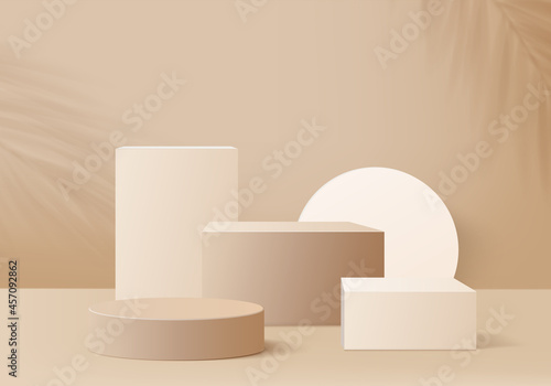 3d background products display podium scene with palm leaf and light sun. background vector 3d render with podium. stand to show cosmetic product. Stage showcase on pedestal display beige studio