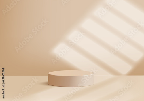 3d background products display podium scene with palm leaf and light sun. background vector 3d render with podium. stand to show cosmetic product. Stage showcase on pedestal display beige studio